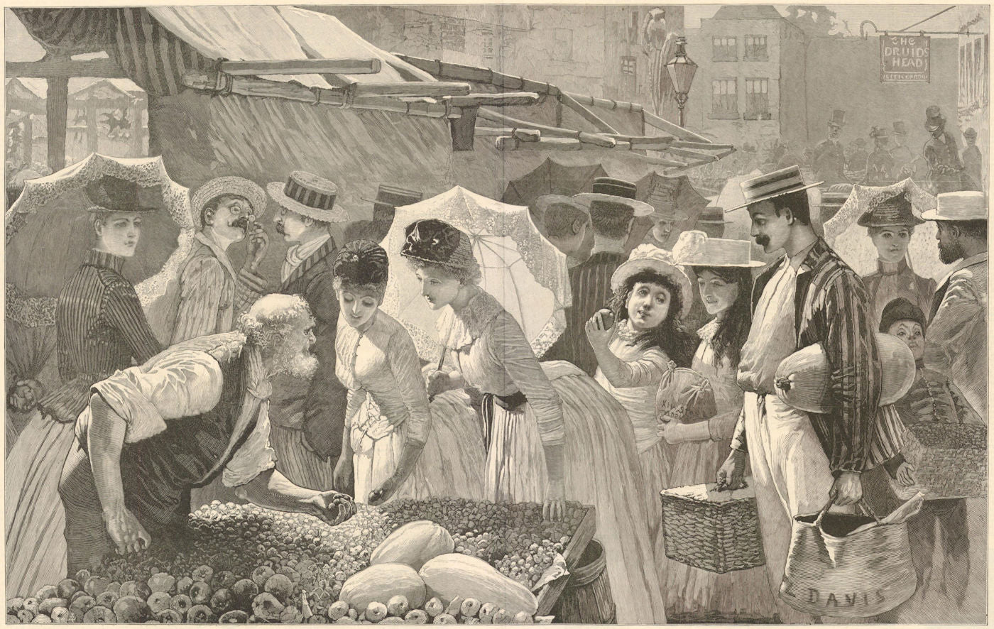 Thames boating season: market day at Kingston. Druid's Head pub 1887 old print